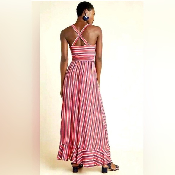 NEW Maeve Anthropologie Striped Ruffle Maxi Dress Pink Red Size Small NWOT - Picture 3 of 9